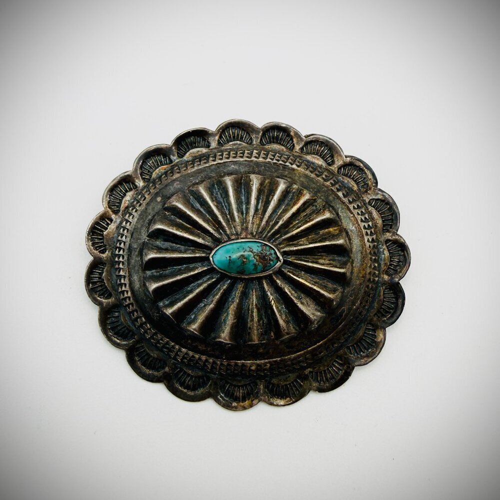 Vintage Sterling Turquoise Concho Brooch Pin 1.75" 8g